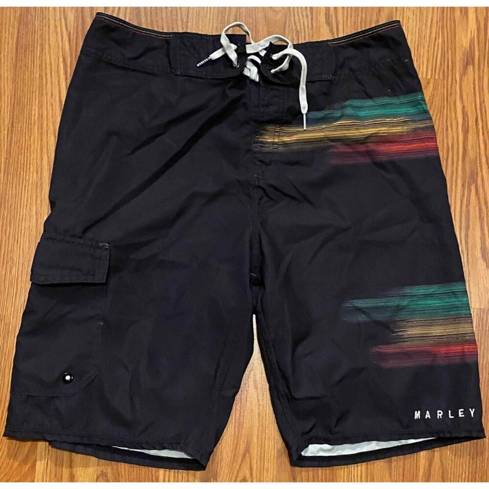 Bob Marley Paint Splatter Board Shorts Black Mens 30 9" Beach Swim Trunks Rare